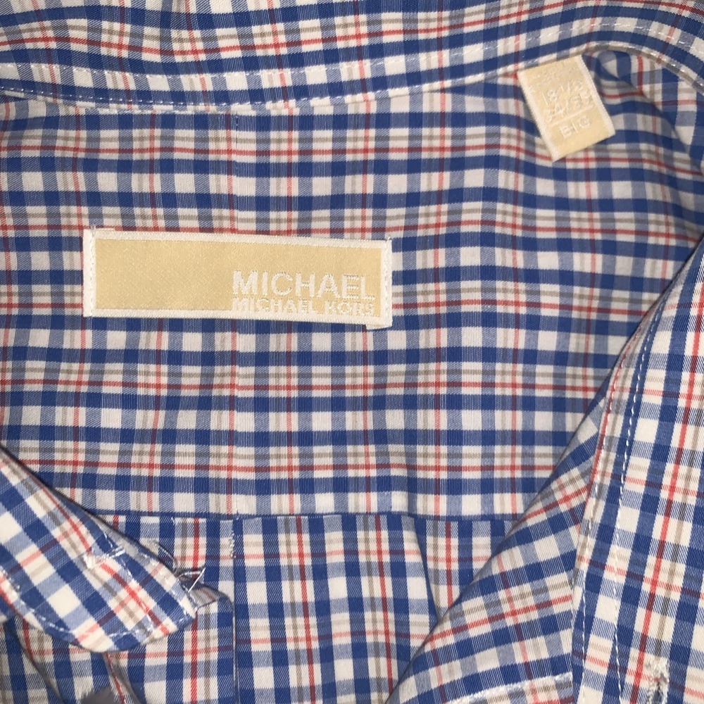 Michael Kors Button Up Shirt Mens 18.5' 34/35 Long Sleeve Blue Check Cotton